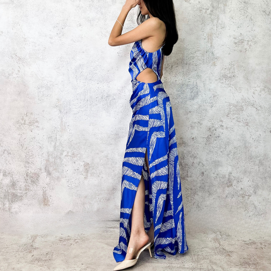 Vestido largo azul rey satinado