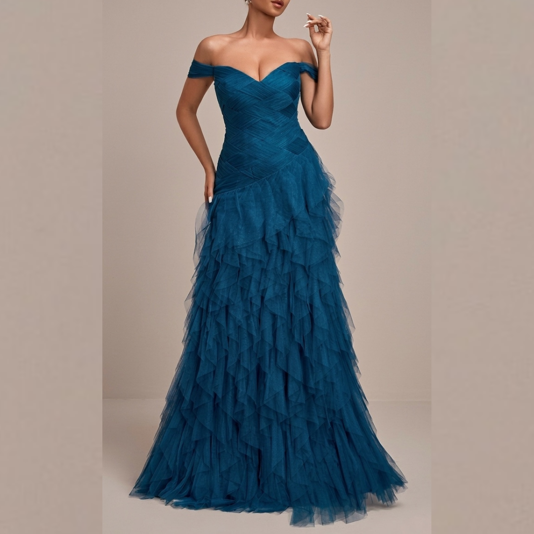 Vestido largo de tul azul petroleo