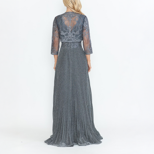 Vestido largo tableado metalico gris.