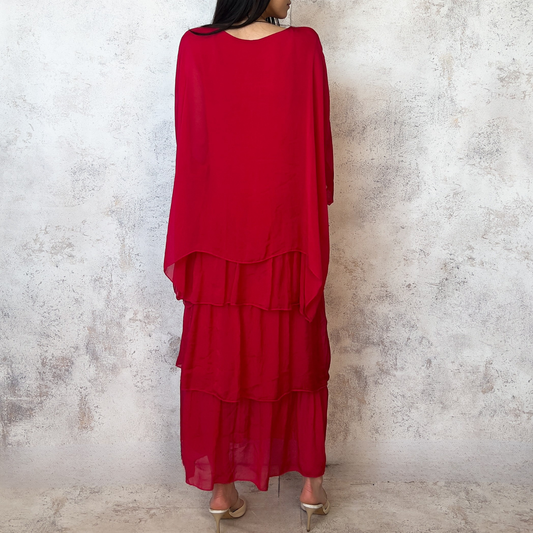 Vestido seda italiana manga mariposa cereza