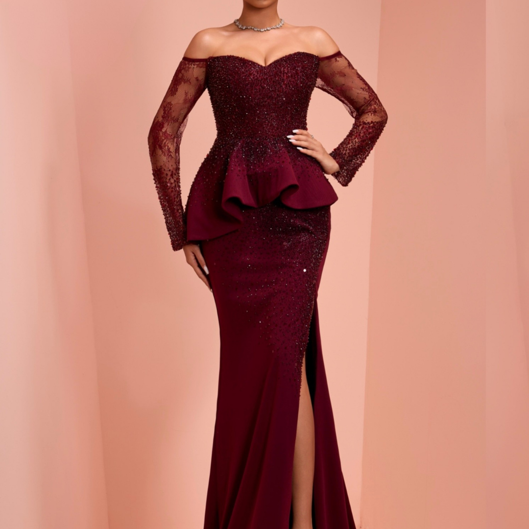 Vestido largo bordado burgundy