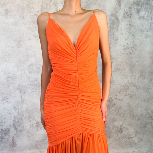 Vestido largo naranja de mesh