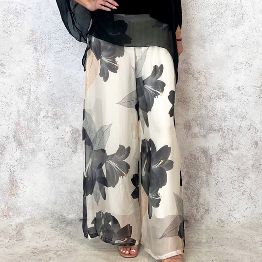 Pantalón de seda italiana beige flores negras