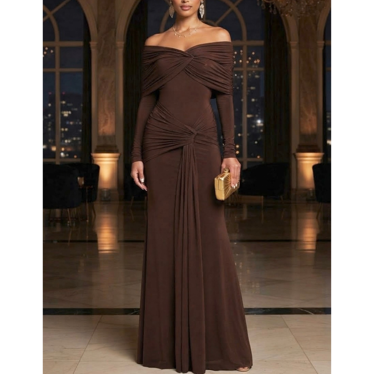 Vestido largo de mesh cafe