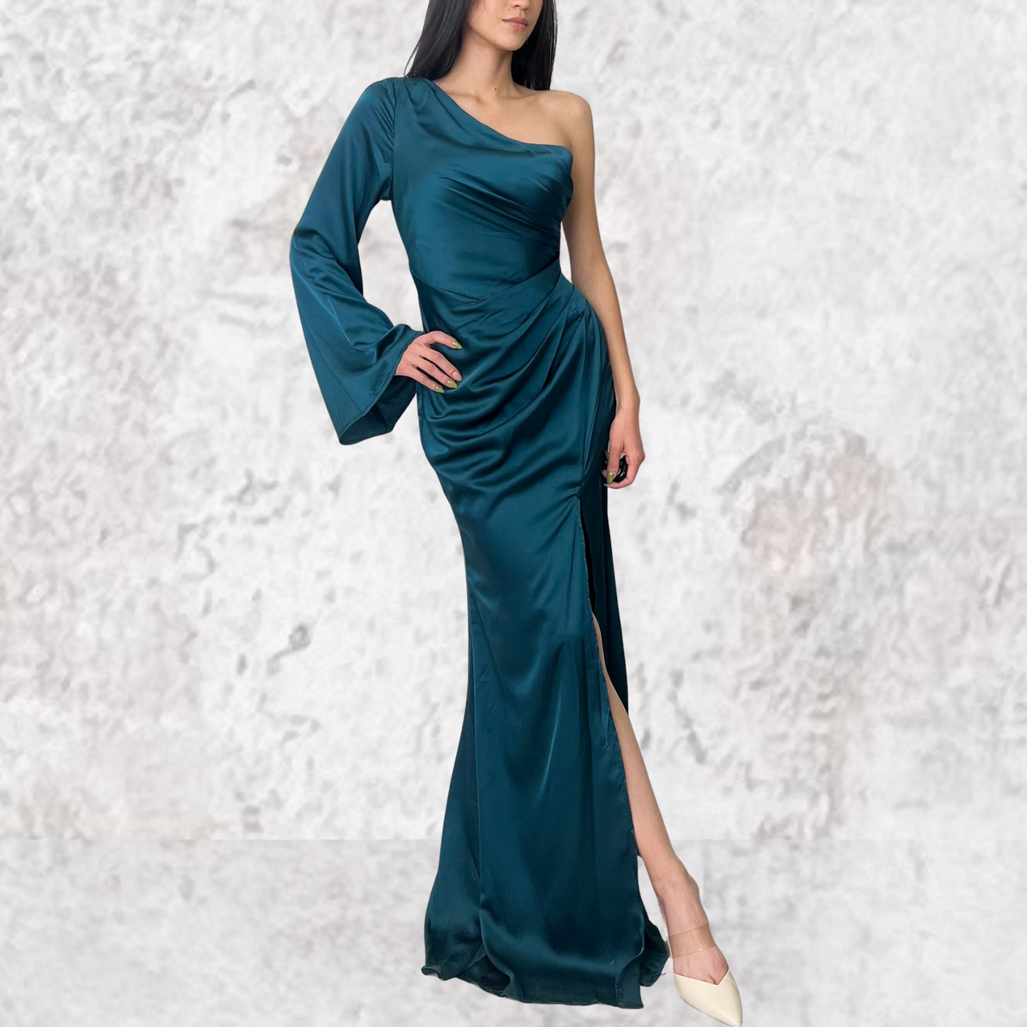 Vestido largo asimétrico verde botella