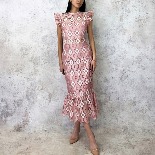 Vestido rosa de guipiur estampado beige
