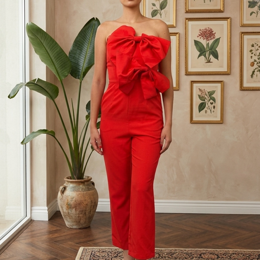 Jumpsuit strapless rojo con moños en busto