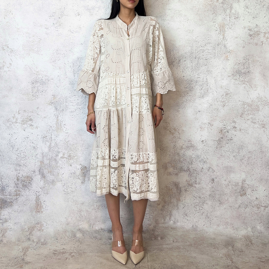 Vestido midi de Lino con crochet beige