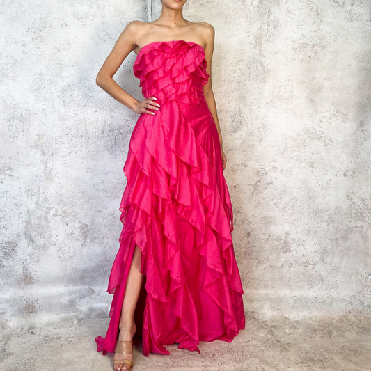Vestido largo olanes fuchsia
