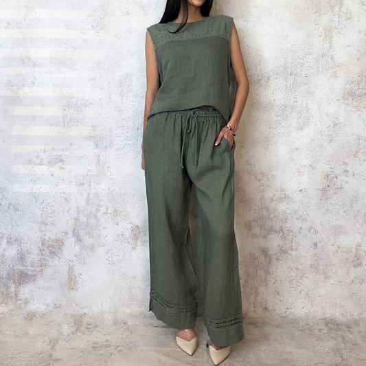 Conjunto de Lino pantalón y blusa bordado verde