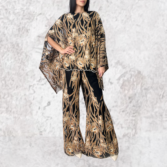 Pantalon negro estampado flores con bordado café