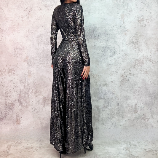 Jumpsuit plateado lentejuelas manga larga