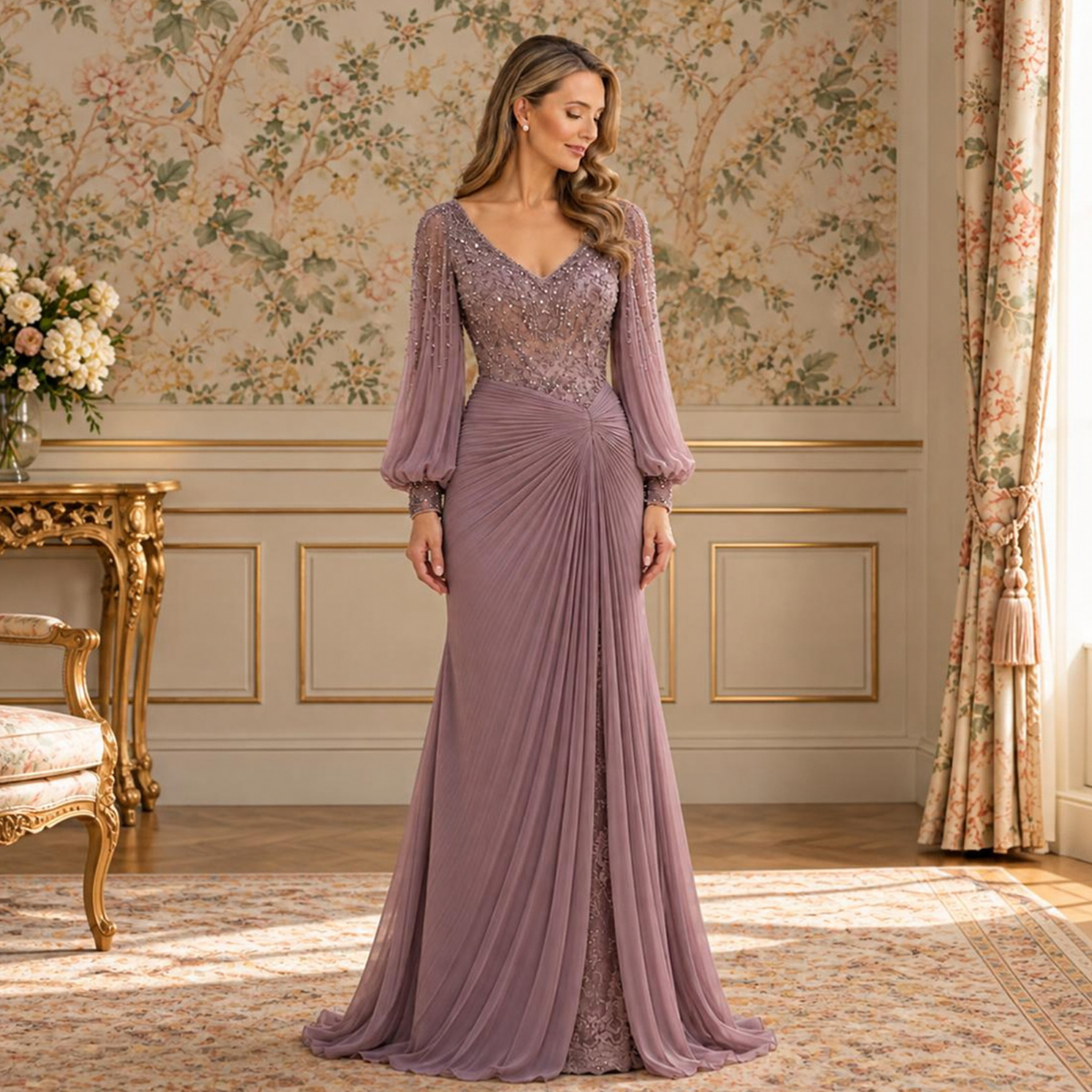 Vestido largo malva con pedrería y drapeado