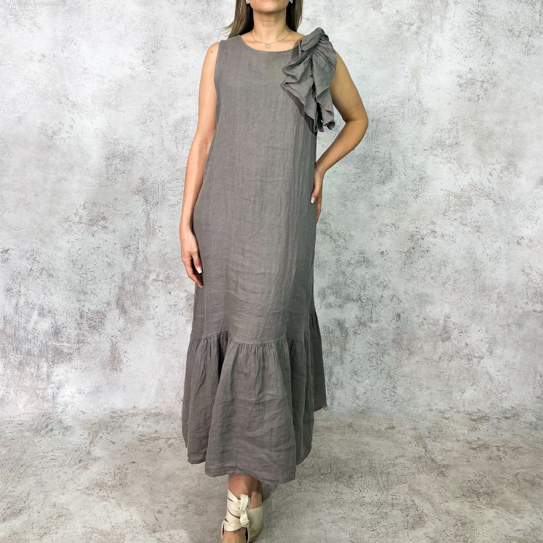 Vestido midi de lino taupe