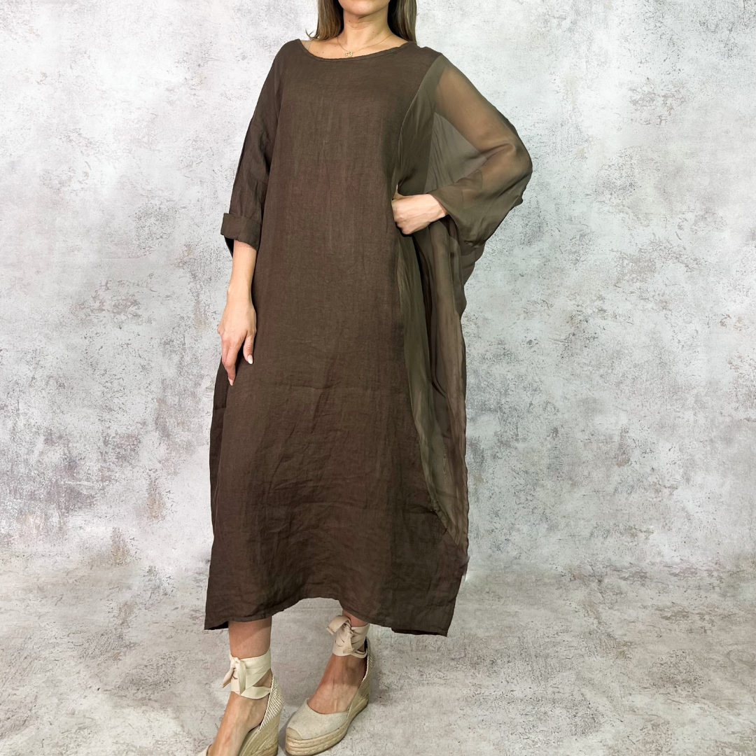 Vestido midi de lino cafe