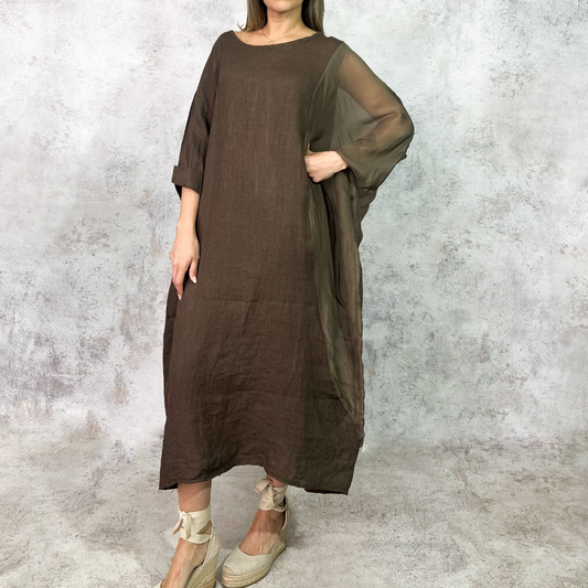 Vestido midi de lino cafe