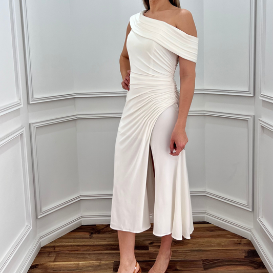 VESTIDO MIDI DRAPEADO BLANCO