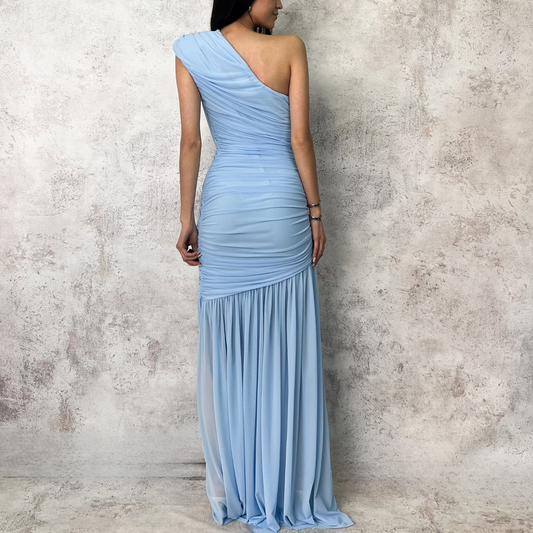 Vestido largo de mesh asimétrico azul bb