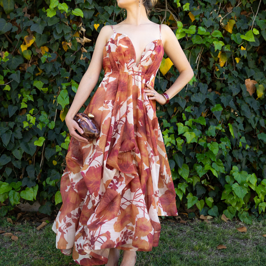 Vestido midi estilo globo color chedron