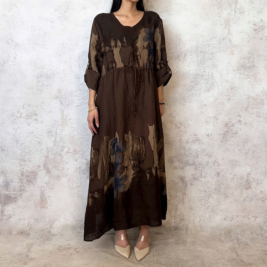 Vestido de lino con estampado de flores café