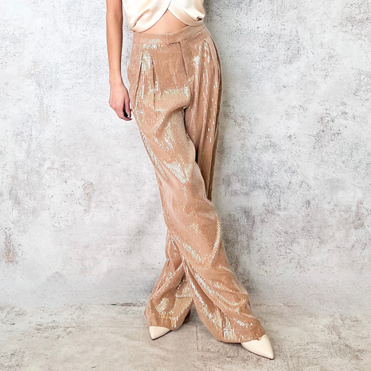 Pantalón ancho pinzas lentejuela dorado