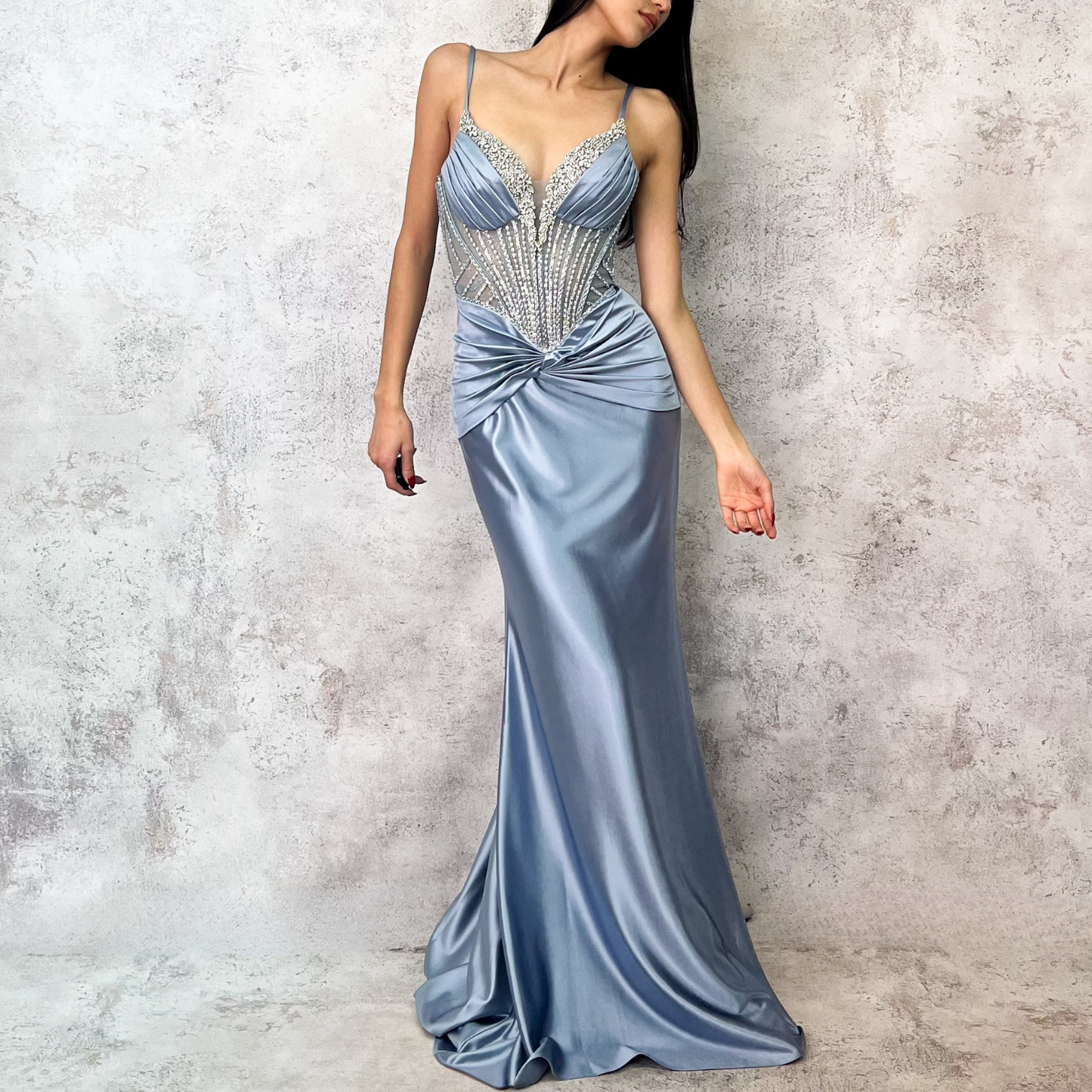 Vestido largo corset bordado azul cielo