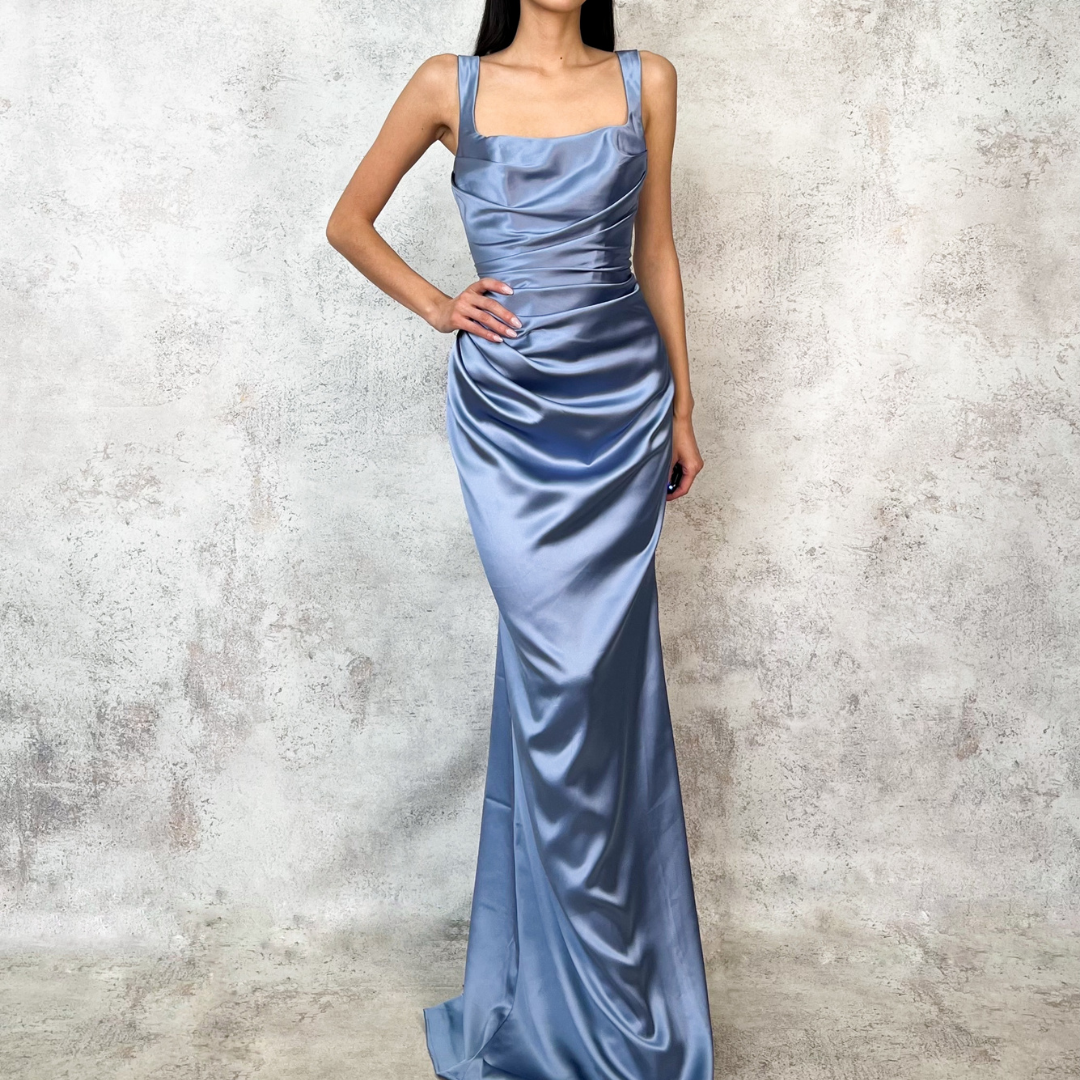 Vestido largo satinado dusty blue
