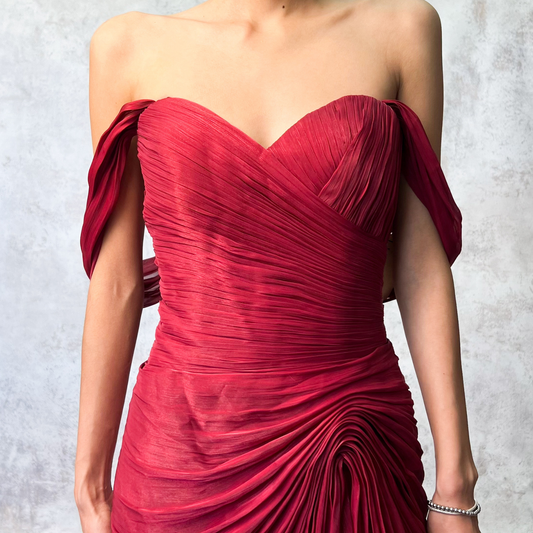 Vestido largo rojo vino drapeado