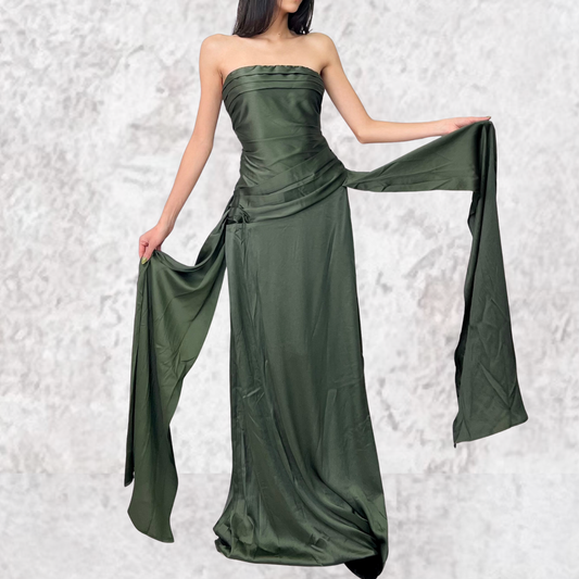 Vestido largo verde olivo satinado