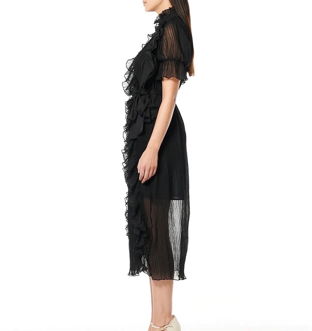 VESTIDO MIDI GASA OLANES NEGRO