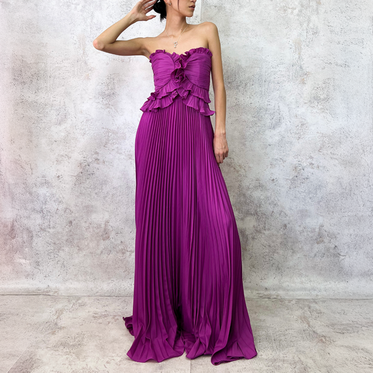 Vestido largo plisado color bugambilia