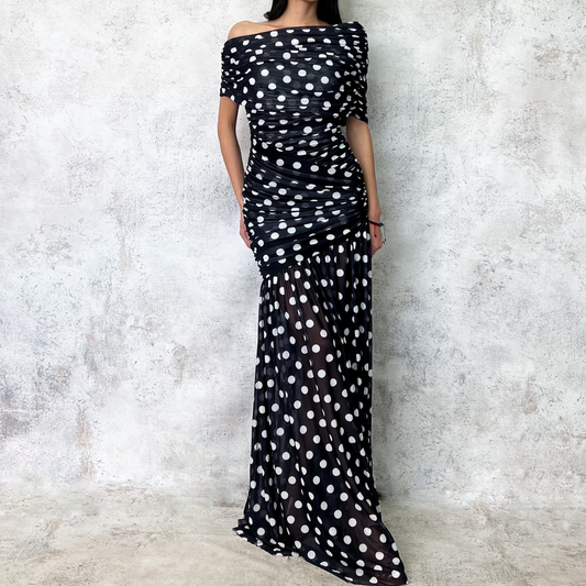Vestido largo negro polka dots tela de mesh