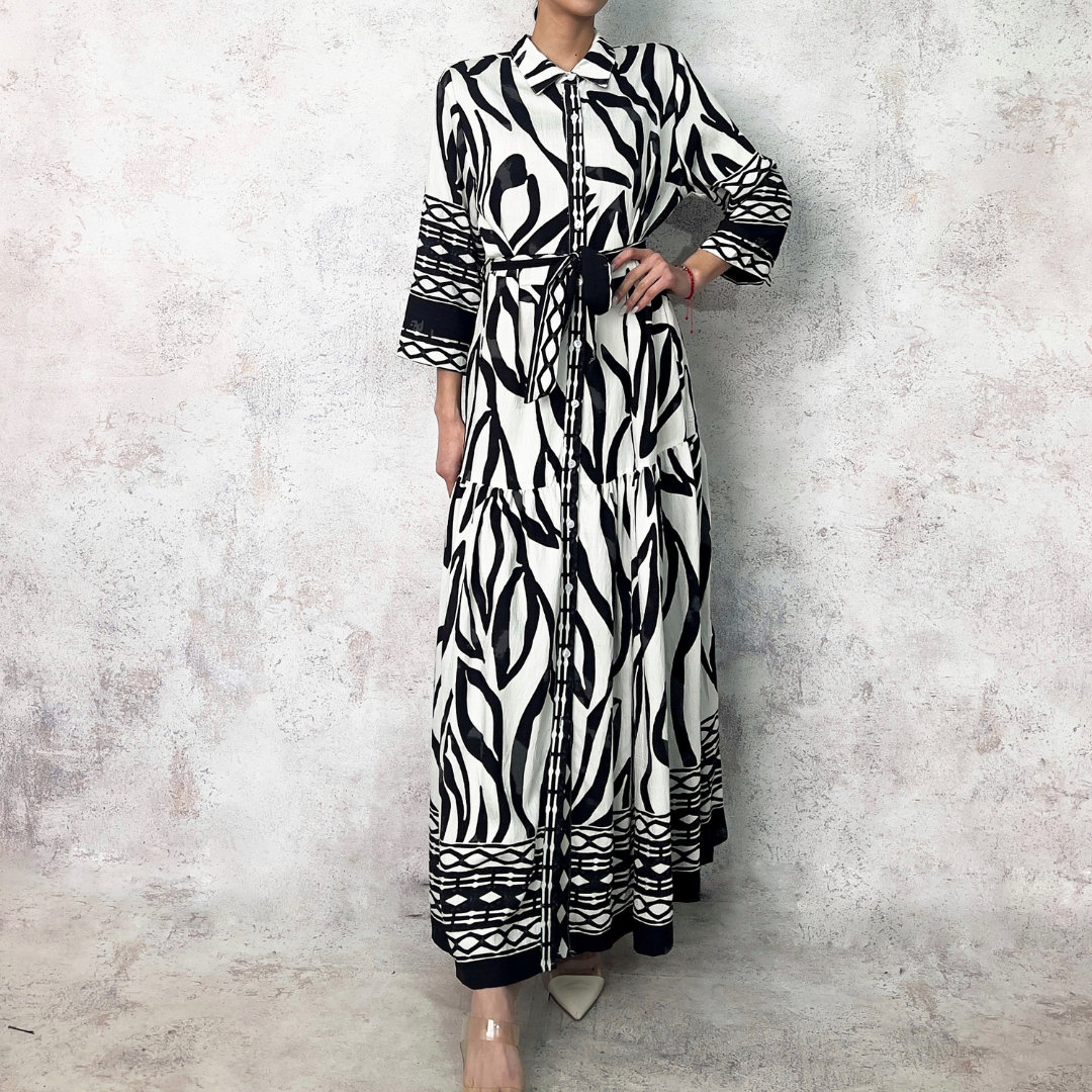 Vestido camisero blanco estampado negro