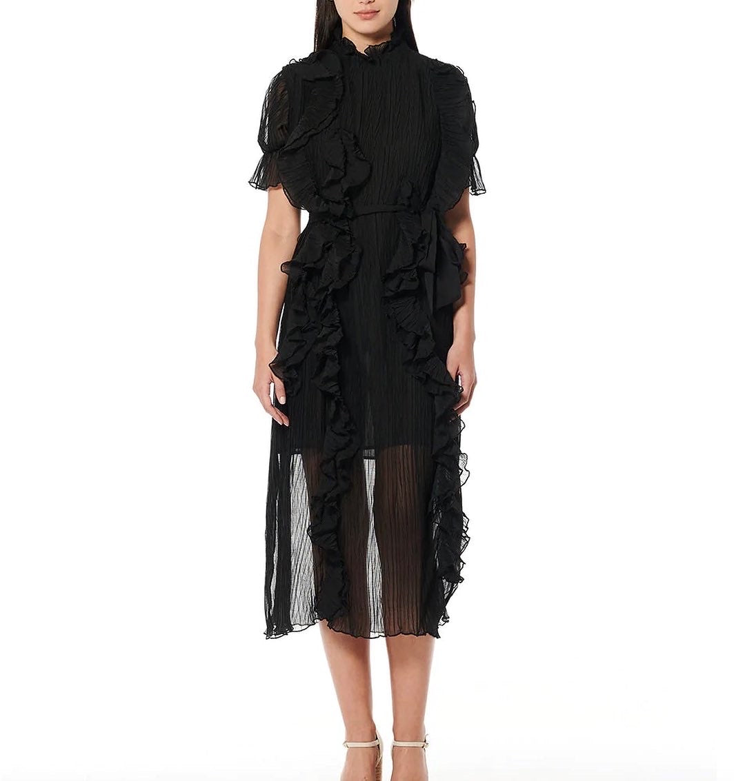 VESTIDO MIDI GASA OLANES NEGRO
