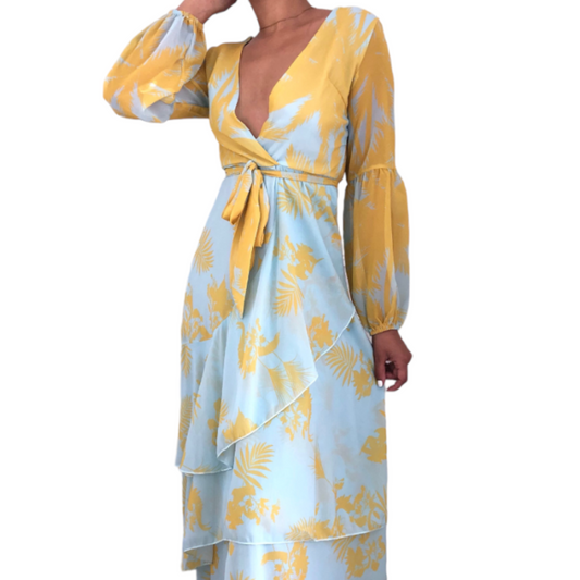 MAXIVESTIDO GASA MENTA HOJAS AMARILLAS