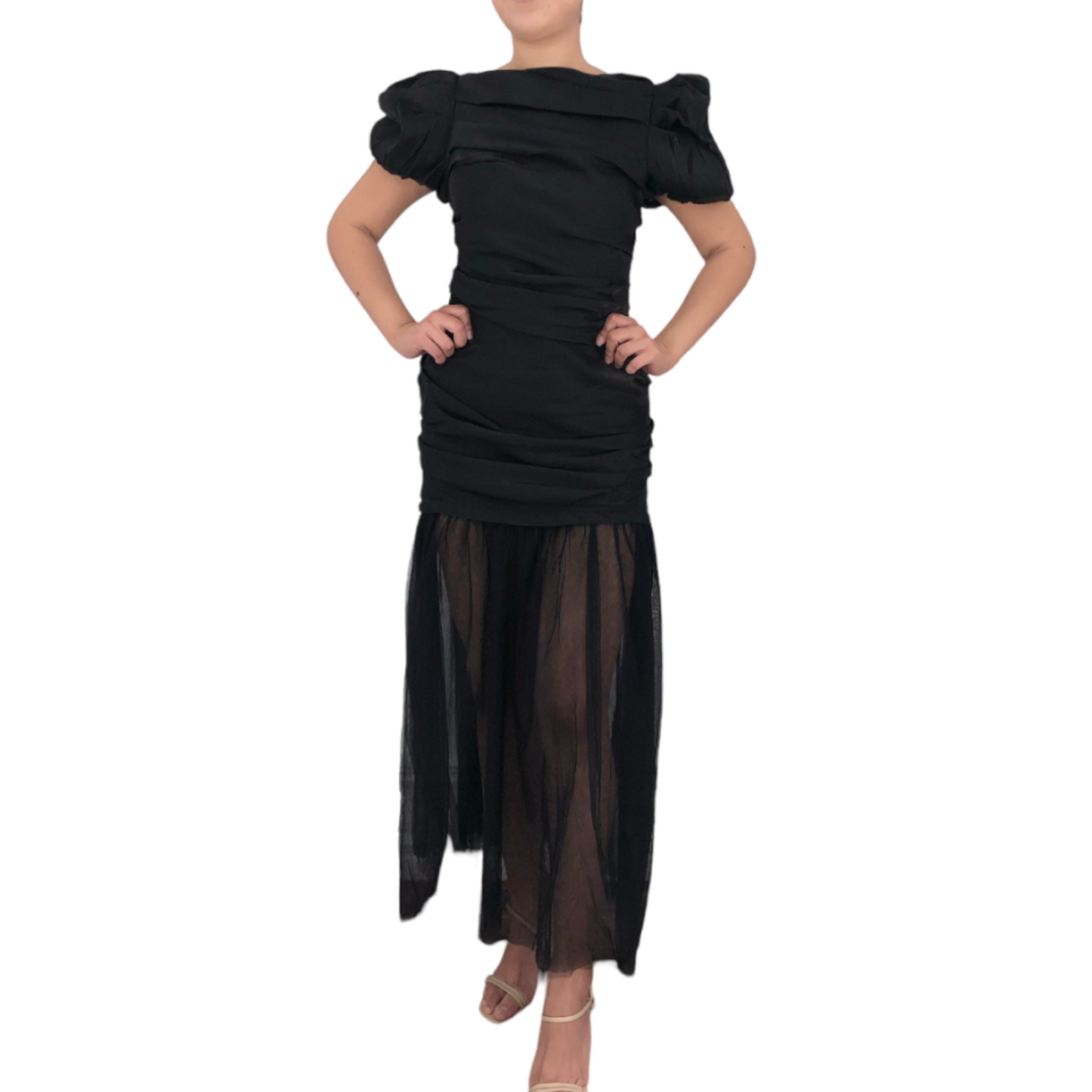VESTIDO DRAPEADO FALDA TUL