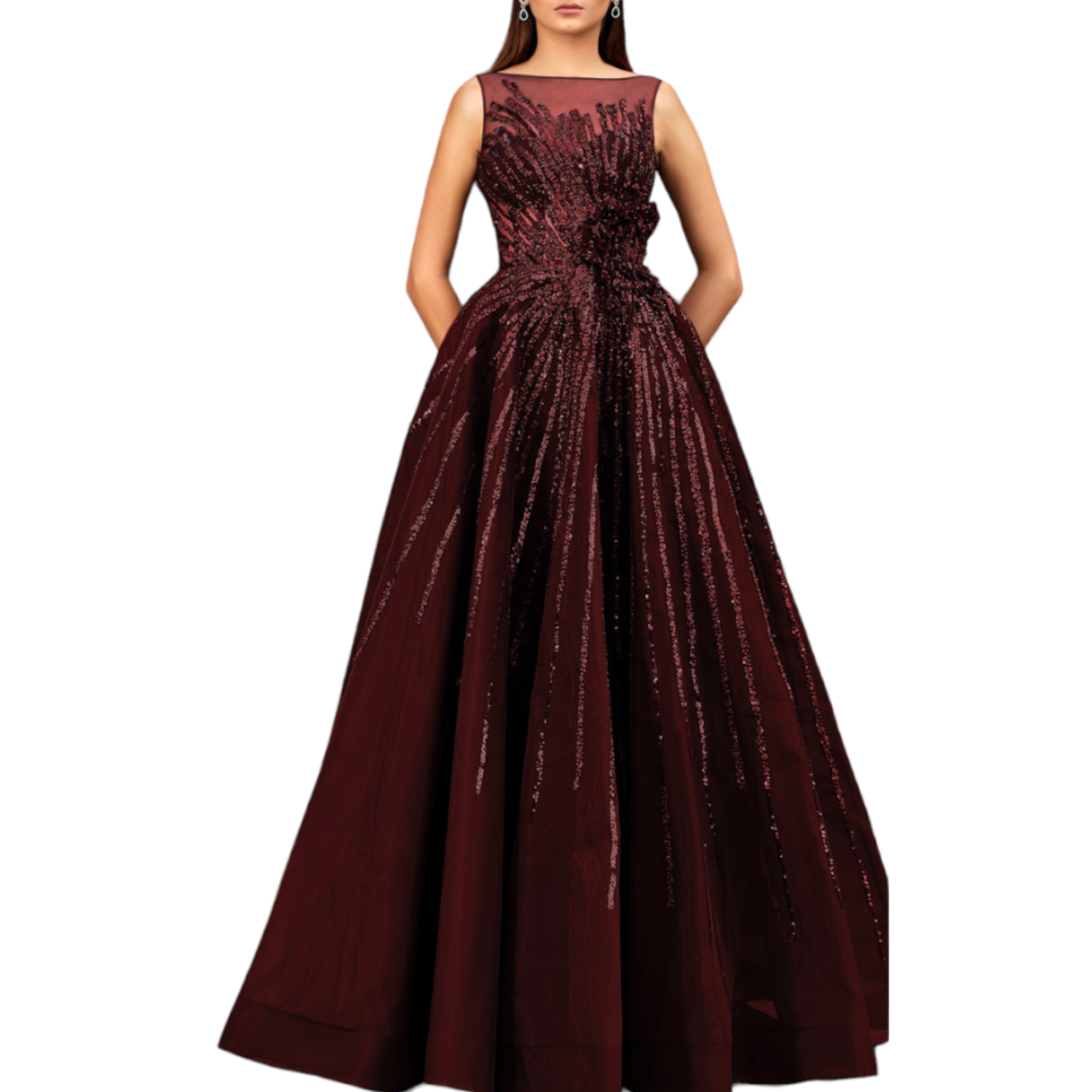 VESTIDO LARGO BORDADO LENTEJUELA BURGUNDY