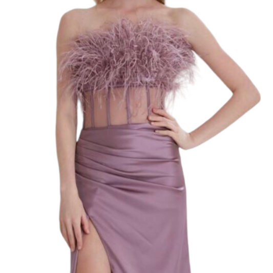 Vestido largo corset plumas mauve