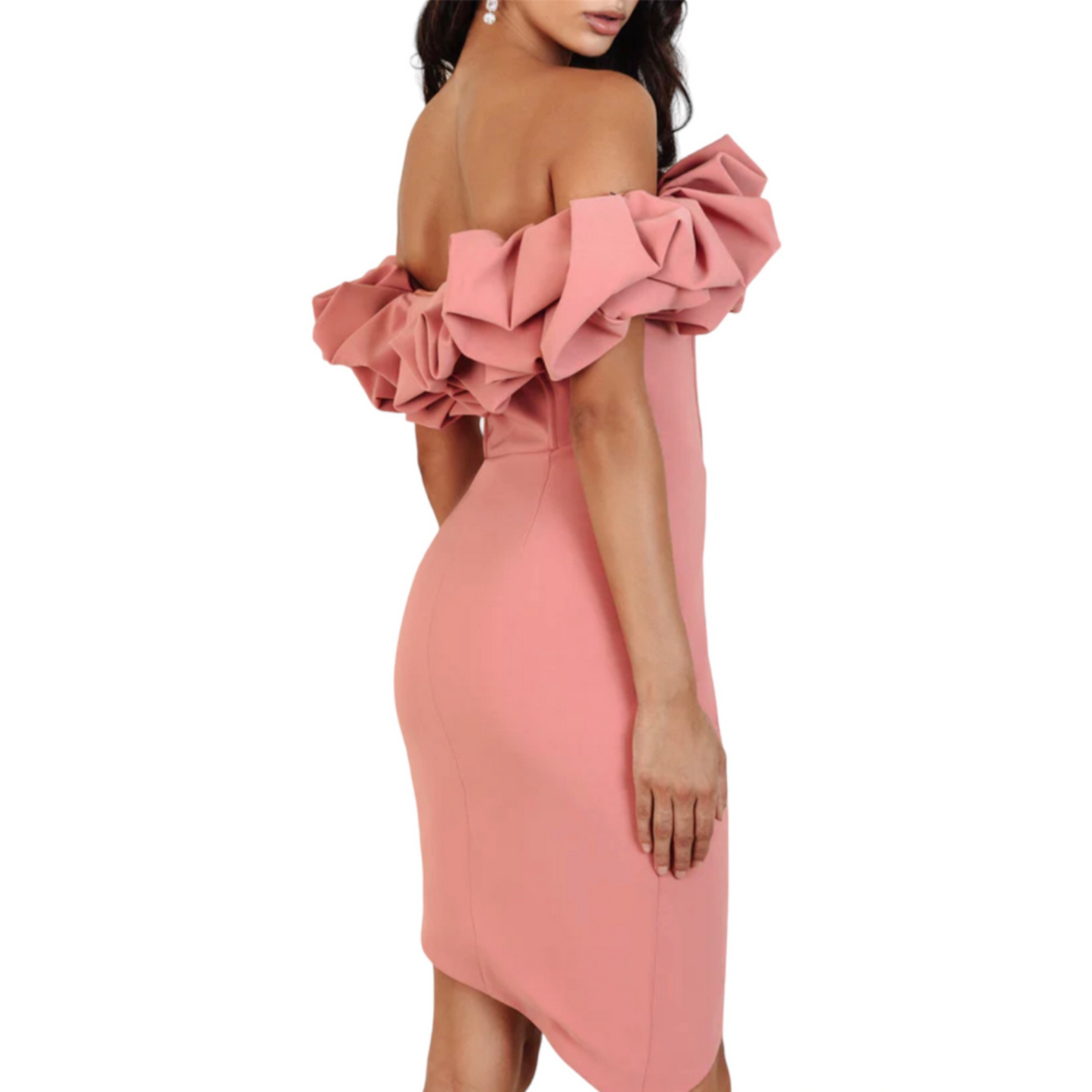 VESTIDO MIDI ROSA OLANES EN HOMBRO