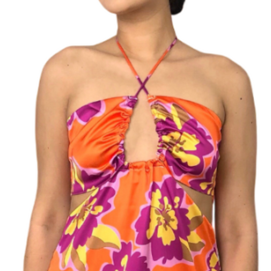 VESTIDO NARANJA CUT OUT FLORES