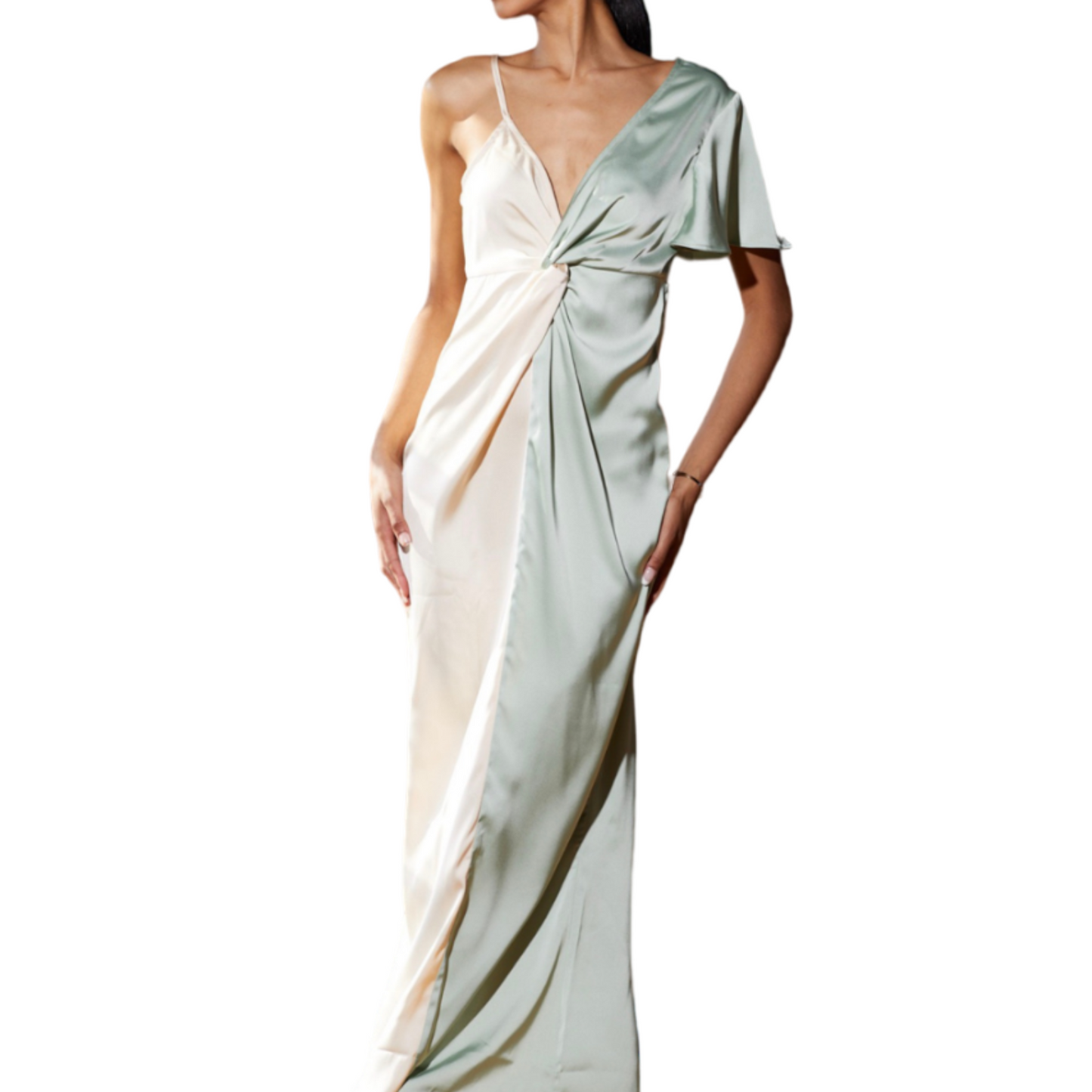 VESTIDO SATIN BEIGE/MENTA