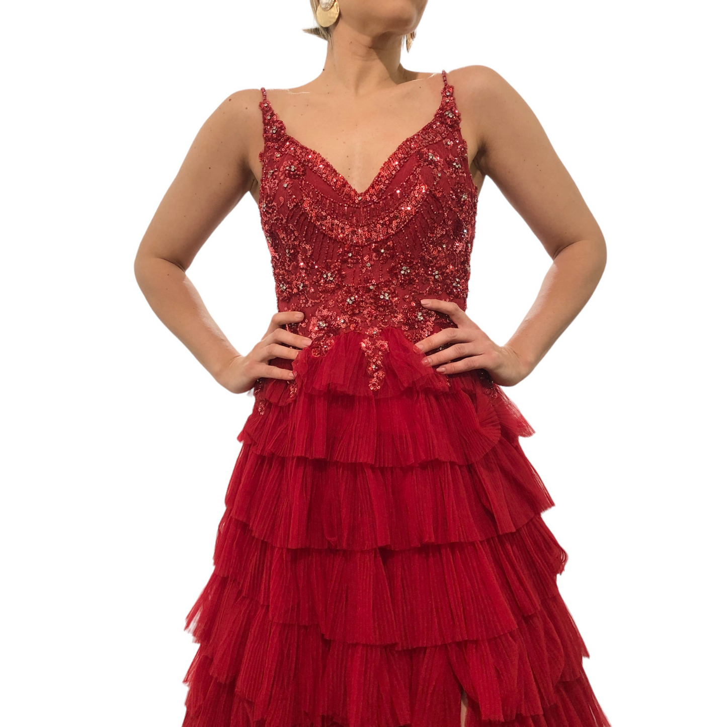 VESTIDO LARGO TUL OLANES ROJO