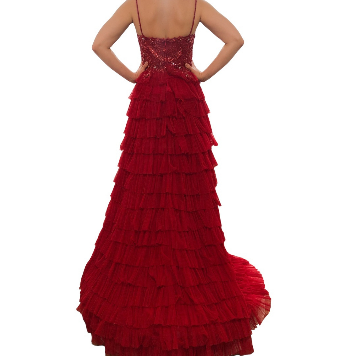 VESTIDO LARGO TUL OLANES ROJO