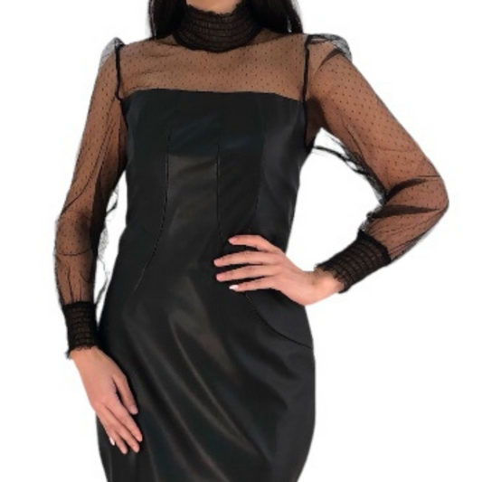 VESTIDO PIEL MANGA MESH NEGRO