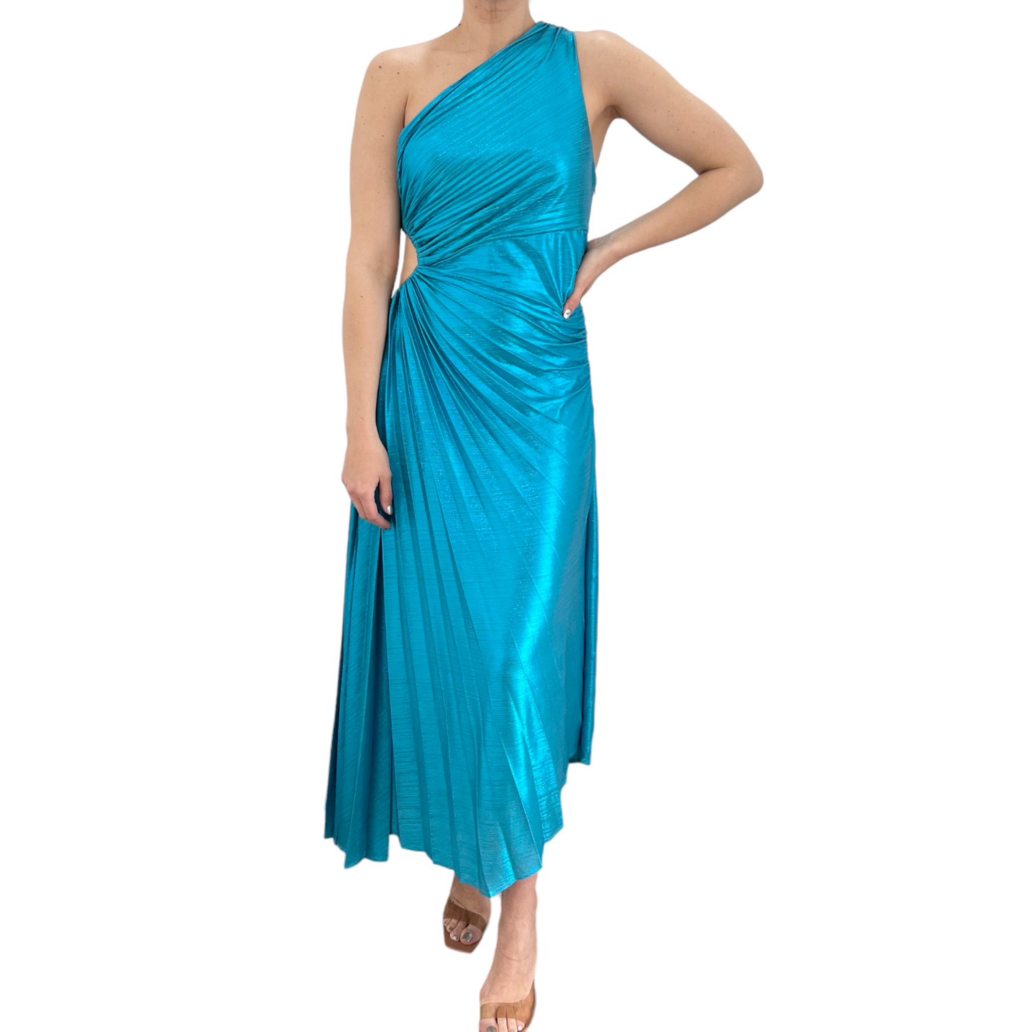 VESTIDO ASIMETRICO TABLEADO AZUL METALICA