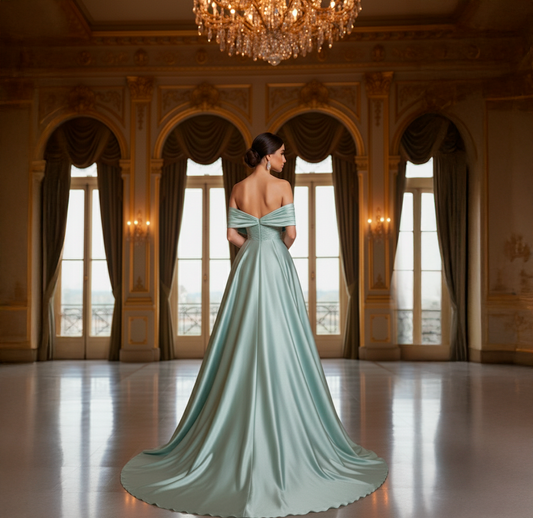 Vestido largo satinado verde agua