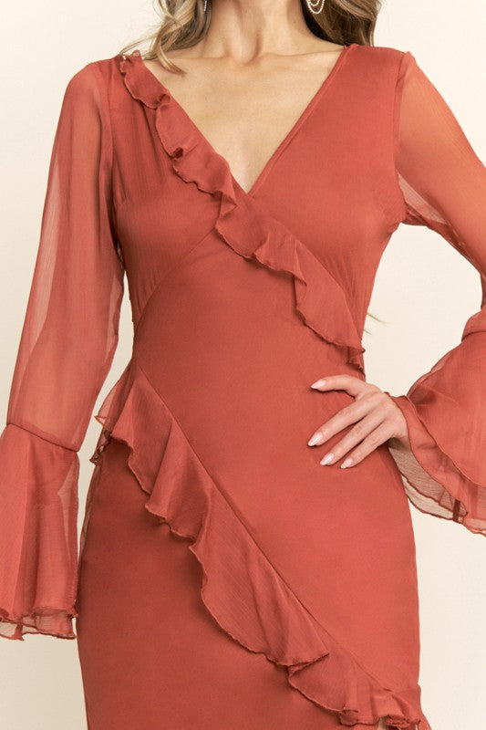 Vestido largo terracota con volantes