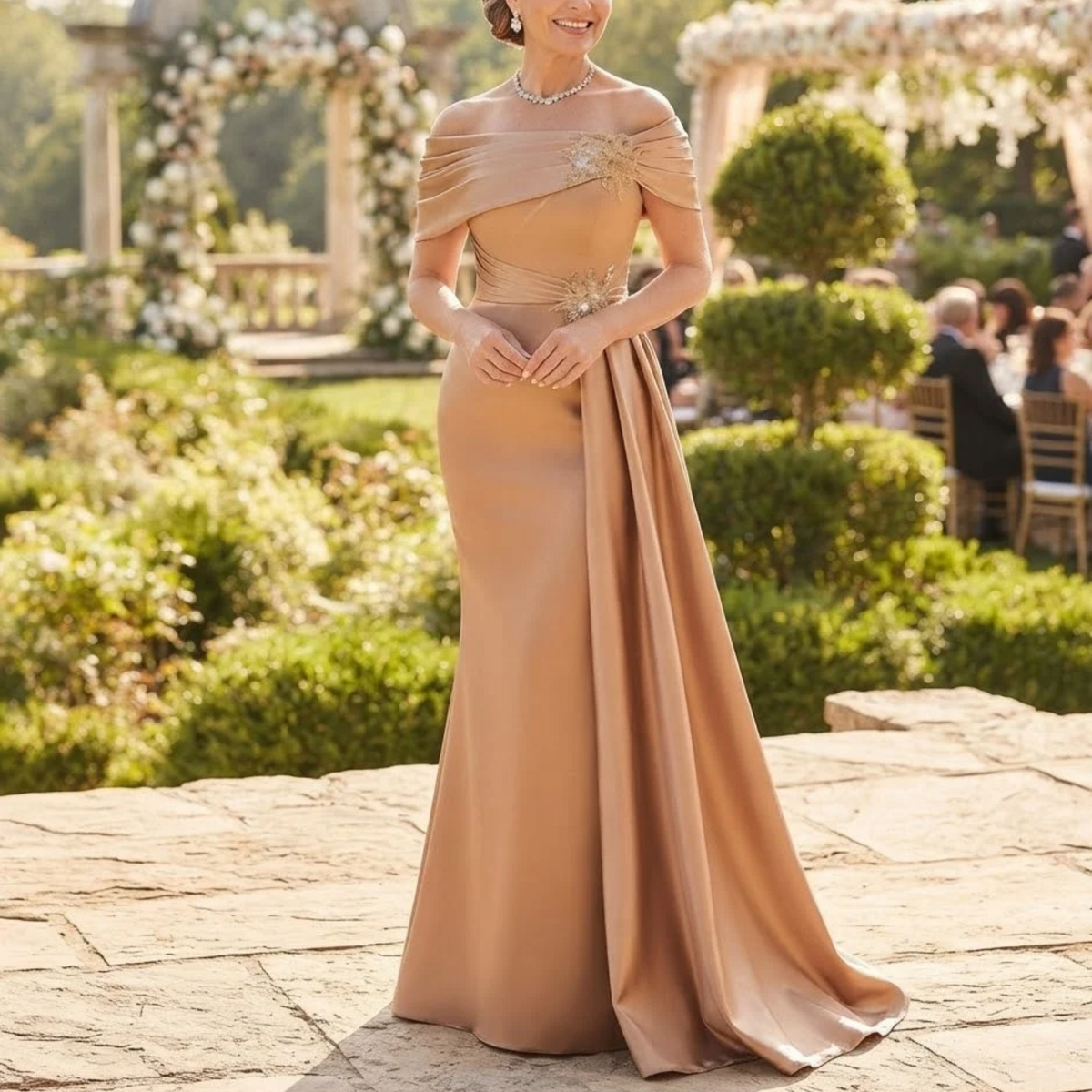 Vestido largo champagne off shoulder