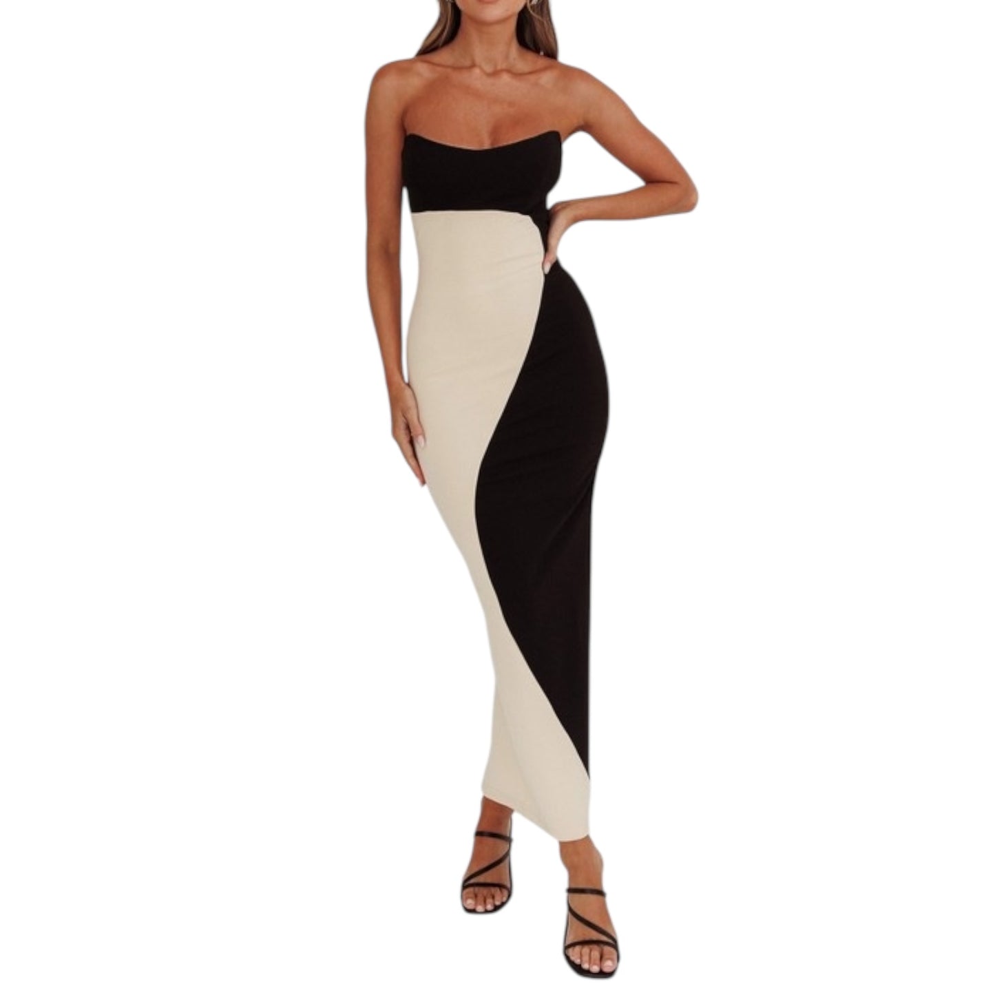 VESTIDO MIDI BICOLOR NEGRO/BEIGE