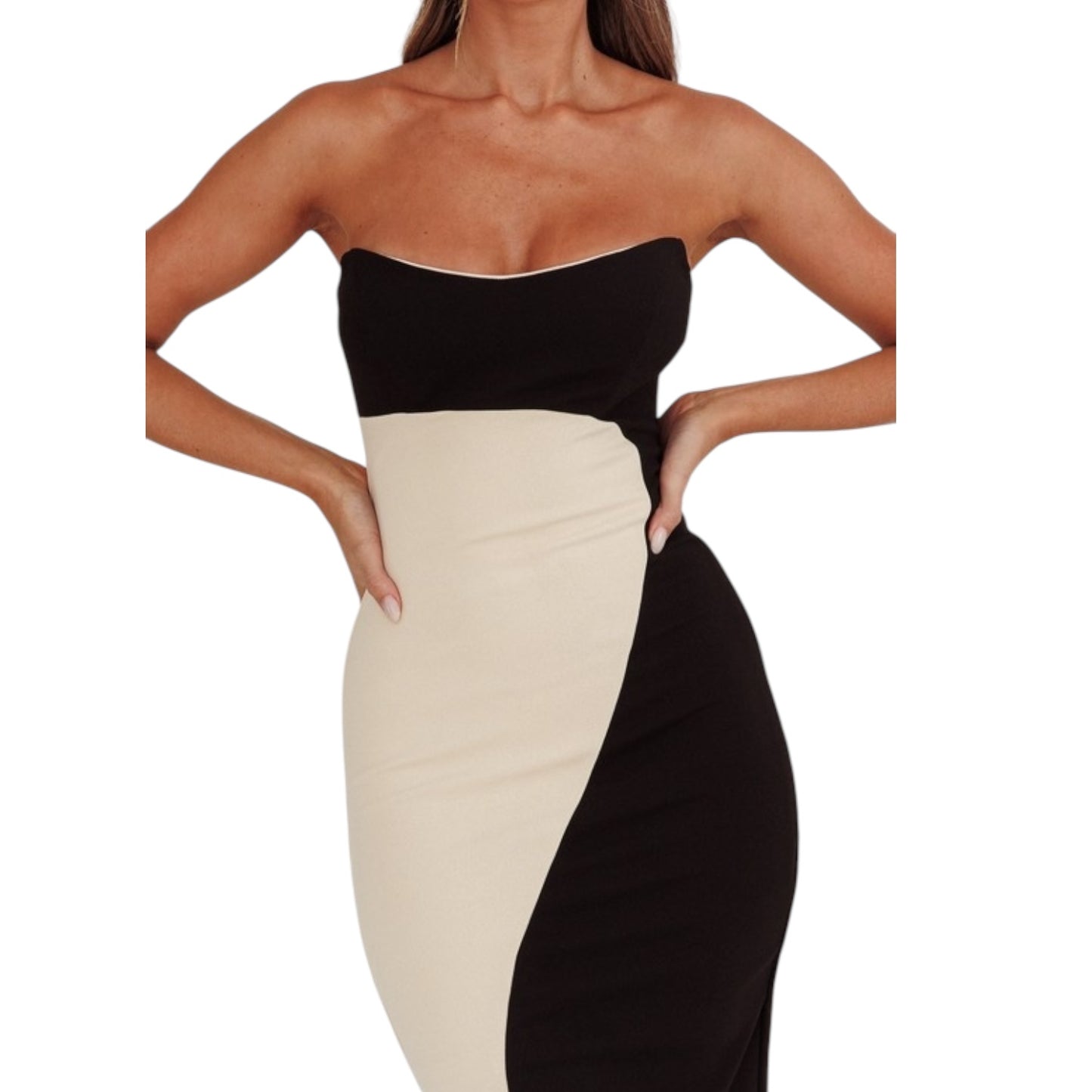 VESTIDO MIDI BICOLOR NEGRO/BEIGE